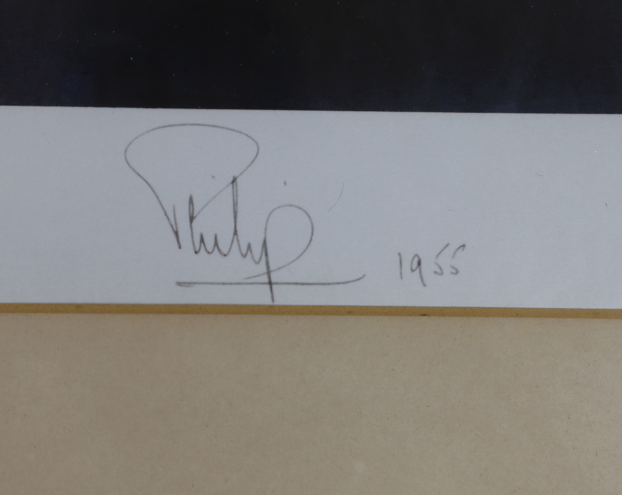A signed black and white portrait photograph, Prince Philip, by Baron, dated 1955, 43cm wide x 56cm high